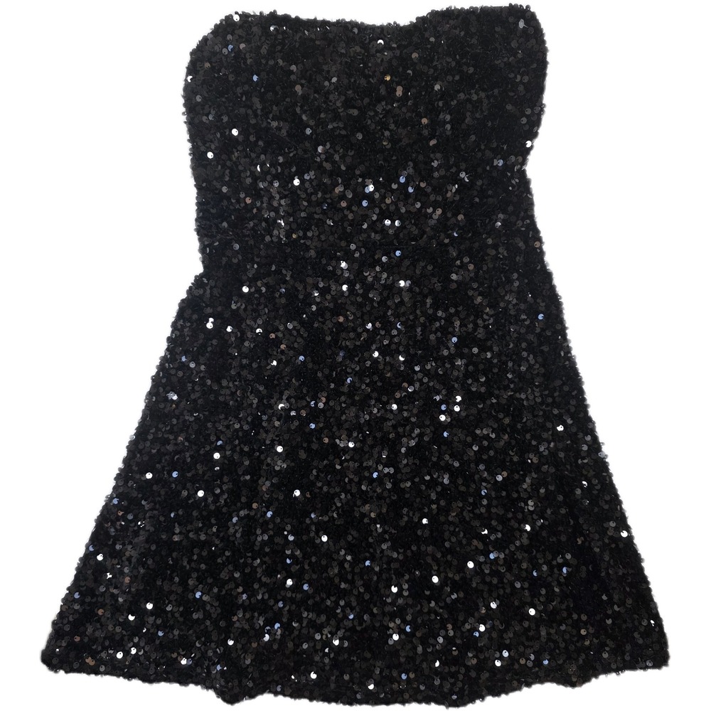 All in Favor Black Sequin Strapless Mini Dress w/Bow Back